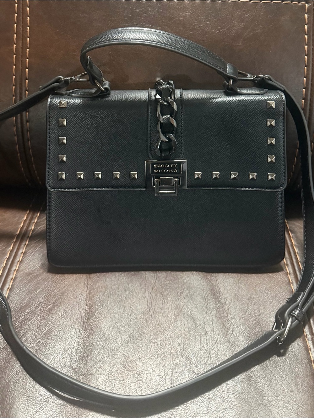 Badgley Mischka Black Leather Studded Satchel with Chain Detail